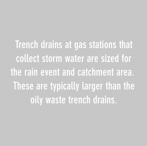 亚博网站有保障的在加油站收集雨水的沟渠大小与降雨事件和集水区有关。这些排水沟通常比含油污水沟的排水沟大亚博网站有保障的