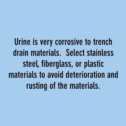 尿液对排水沟材料腐蚀性很大，选用不锈钢、玻璃纤维或塑料亚博网站有保障的材料，避免材料变质、生锈。